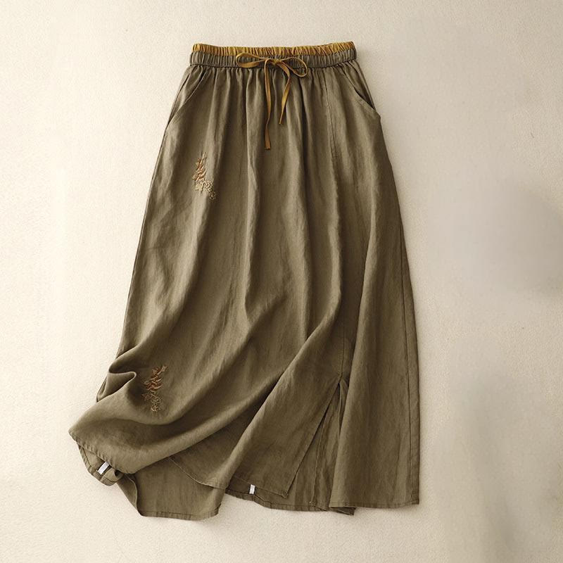 Buddha Stones Vintage Solid Embroidery Drawstring Women's Skirt With Pockets - Olive - US8-10,UK/AU12-14,EU40-42 (2XL) - image 0