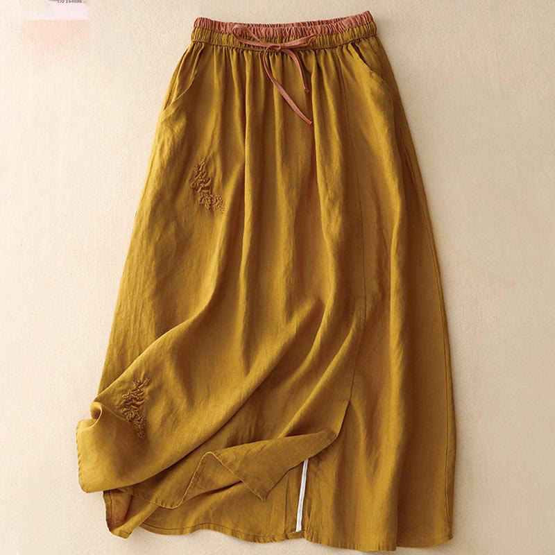 Buddha Stones Vintage Solid Embroidery Drawstring Women's Skirt With Pockets - Goldenrod - US8-10,UK/AU12-14,EU40-42 (2XL) - image 24