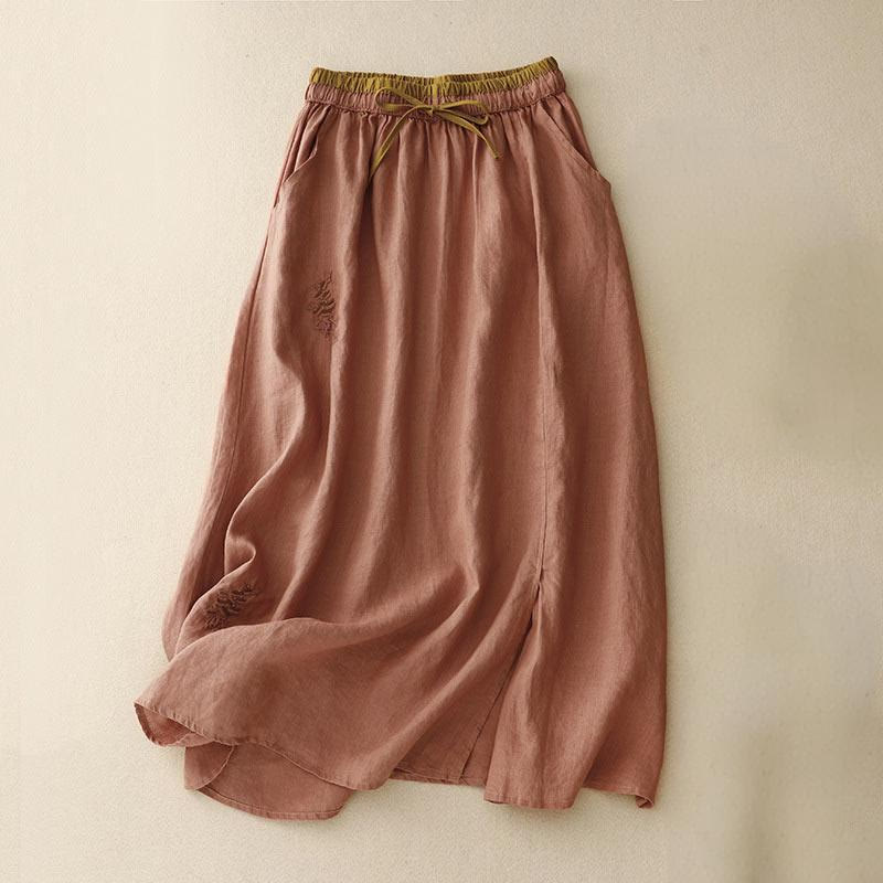 Buddha Stones Vintage Solid Embroidery Drawstring Women's Skirt With Pockets - Coral - US8-10,UK/AU12-14,EU40-42 (2XL) - image 18