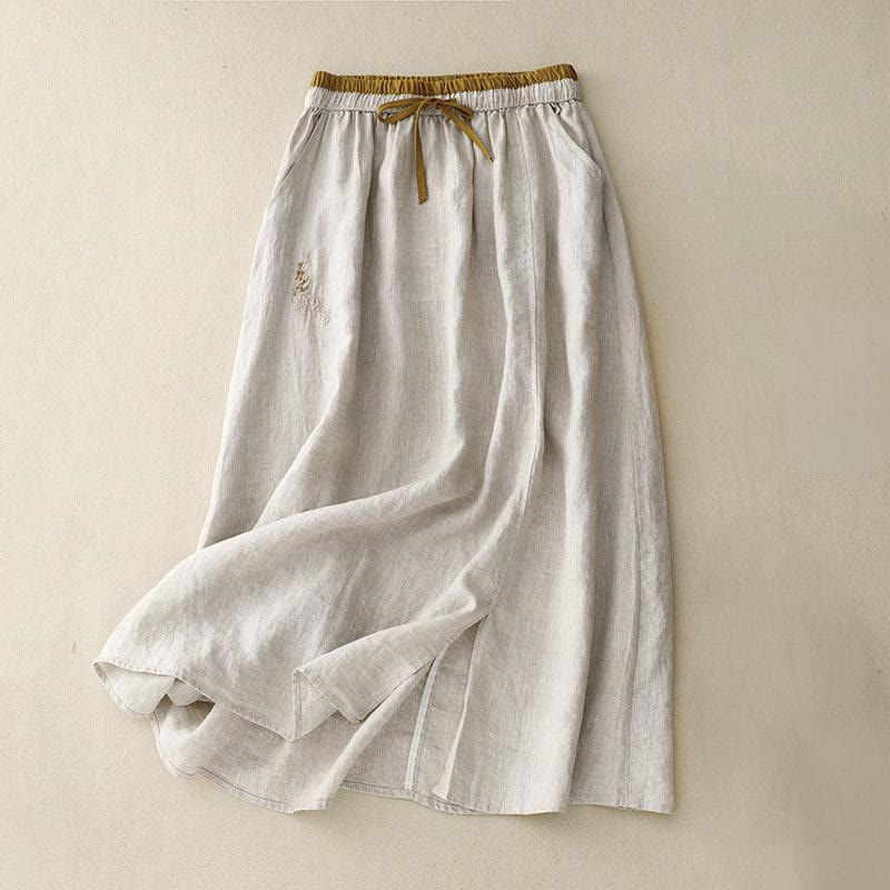 Buddha Stones Vintage Solid Embroidery Drawstring Women's Skirt With Pockets - Beige - US8-10,UK/AU12-14,EU40-42 (2XL) - image 6