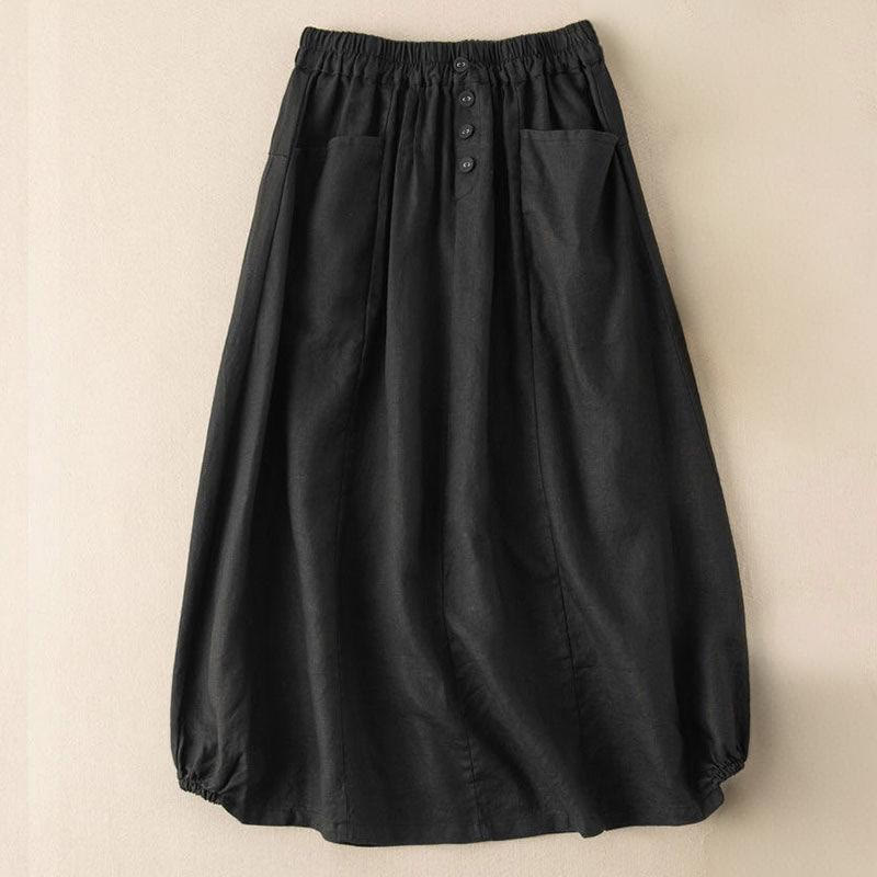 Buddha Stones Summer Solid Button Elastic Waist 7-8 Length Women's Skirt With Pockets - Black - US16,UK/AU20,EU48 (5XL) - image 5