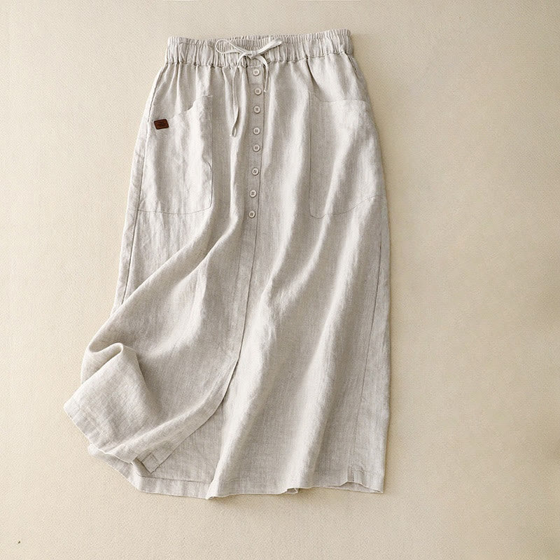 Buddha Stones Spring Lace-Up Button Slit Design Women's Cotton Linen Skirt With Pockets - Beige - US8-10,UK/AU12-14,EU40-42 (2XL) - image 0