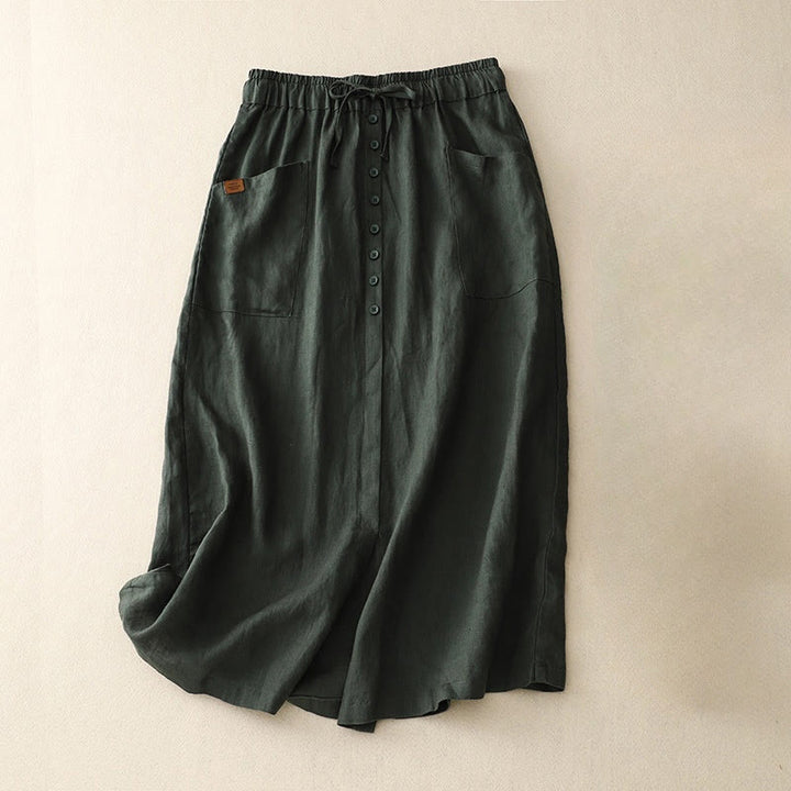 Buddha Stones Spring Lace-Up Button Slit Design Women's Cotton Linen Skirt With Pockets - DarkGreen - US8-10,UK/AU12-14,EU40-42 (2XL) - image 7