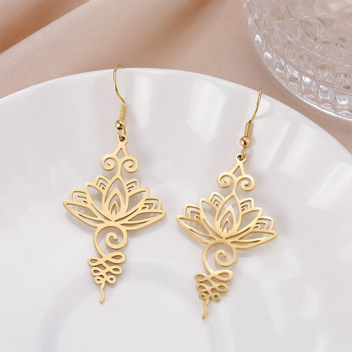 Buddha Stones Hollow Lotus Flower Stainless Steel Enlightenment Metal Drop Earrings - Gold - image 9