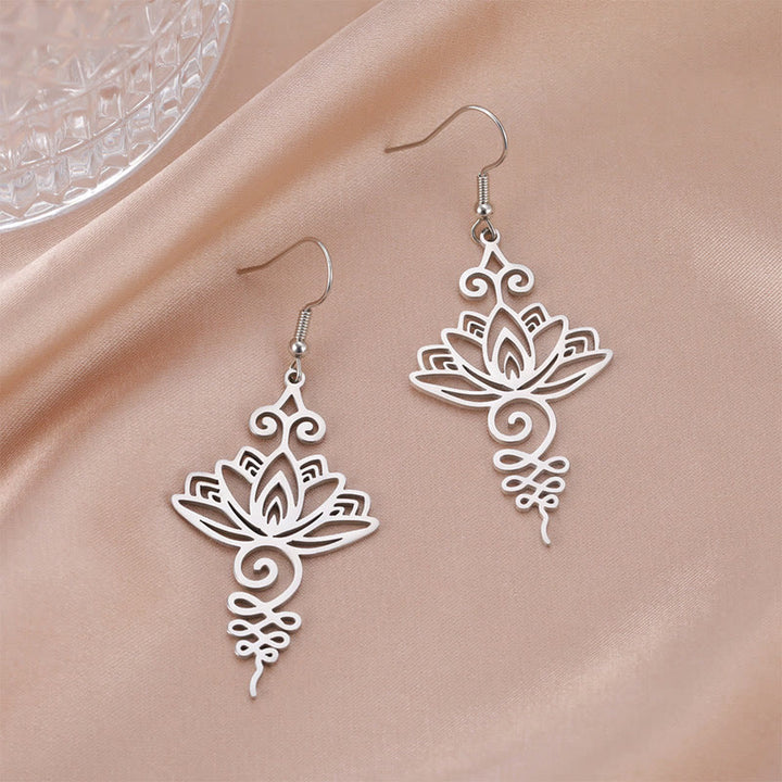 Buddha Stones Hollow Lotus Flower Stainless Steel Enlightenment Metal Drop Earrings - image 6