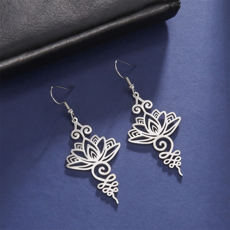 Buddha Stones Hollow Lotus Flower Stainless Steel Enlightenment Metal Drop Earrings - image 4