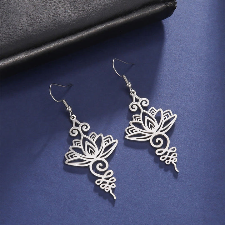 Buddha Stones Hollow Lotus Flower Stainless Steel Enlightenment Metal Drop Earrings - image 4