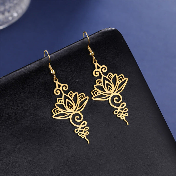 Buddha Stones Hollow Lotus Flower Stainless Steel Enlightenment Metal Drop Earrings - image 13