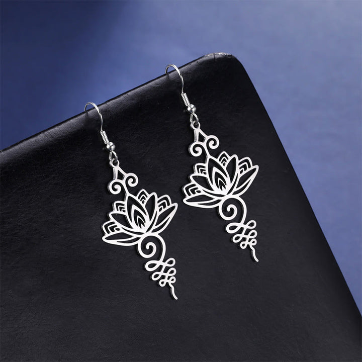 Buddha Stones Hollow Lotus Flower Stainless Steel Enlightenment Metal Drop Earrings - image 2