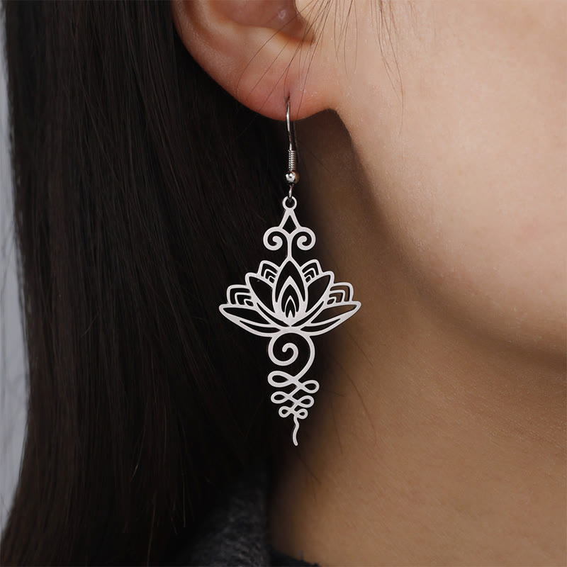 Buddha Stones Hollow Lotus Flower Stainless Steel Enlightenment Metal Drop Earrings - image 3