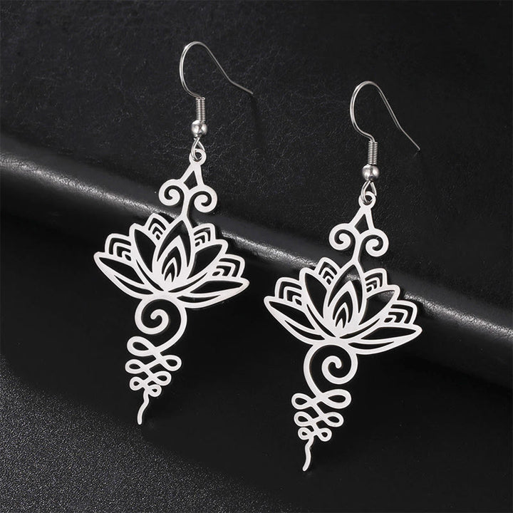 Buddha Stones Hollow Lotus Flower Stainless Steel Enlightenment Metal Drop Earrings - Silver - image 0