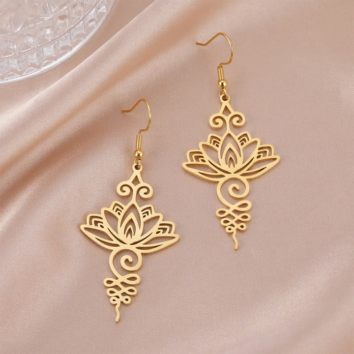 Buddha Stones Hollow Lotus Flower Stainless Steel Enlightenment Metal Drop Earrings - image 10
