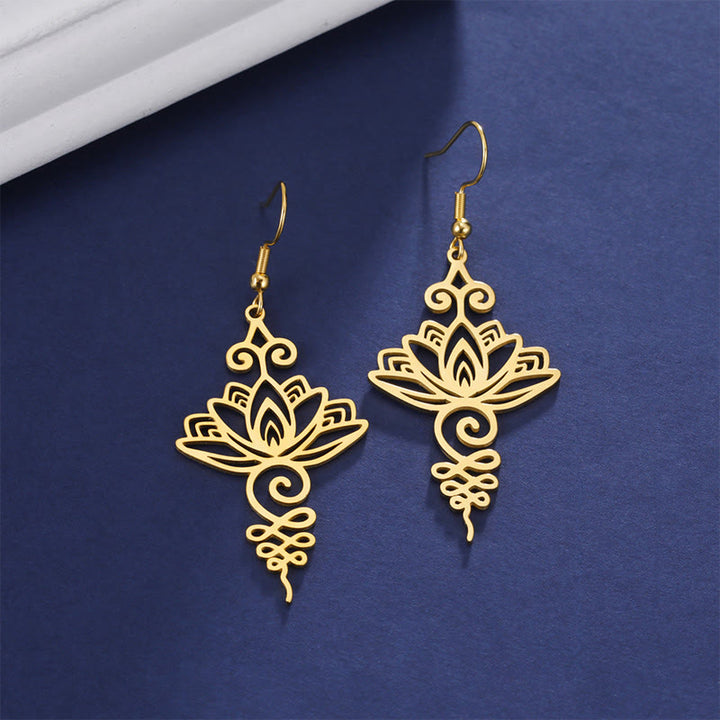 Buddha Stones Hollow Lotus Flower Stainless Steel Enlightenment Metal Drop Earrings - image 12