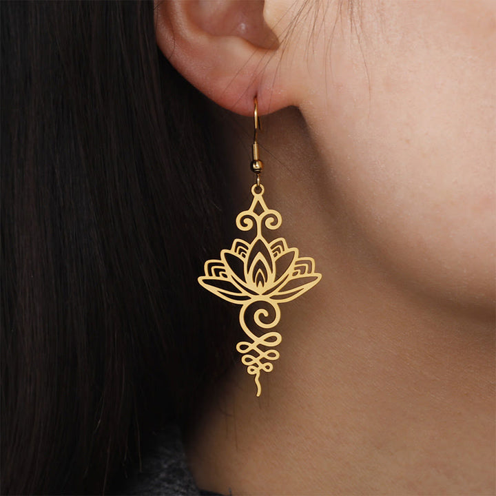 Buddha Stones Hollow Lotus Flower Stainless Steel Enlightenment Metal Drop Earrings - image 11
