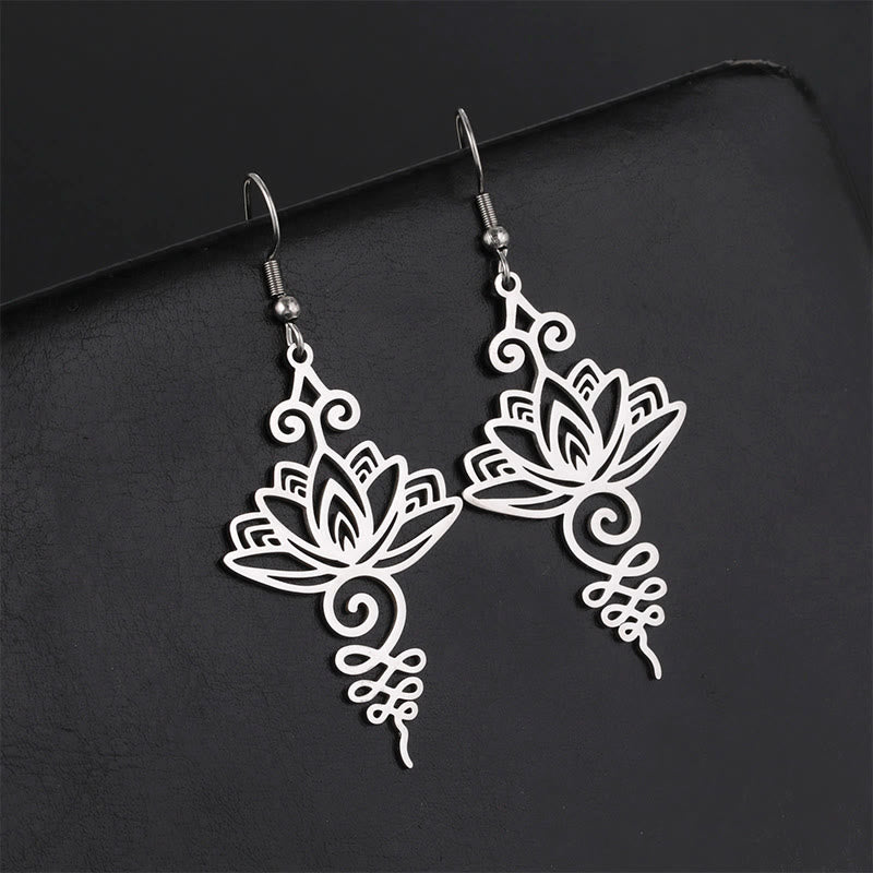Buddha Stones Hollow Lotus Flower Stainless Steel Enlightenment Metal Drop Earrings - image 1