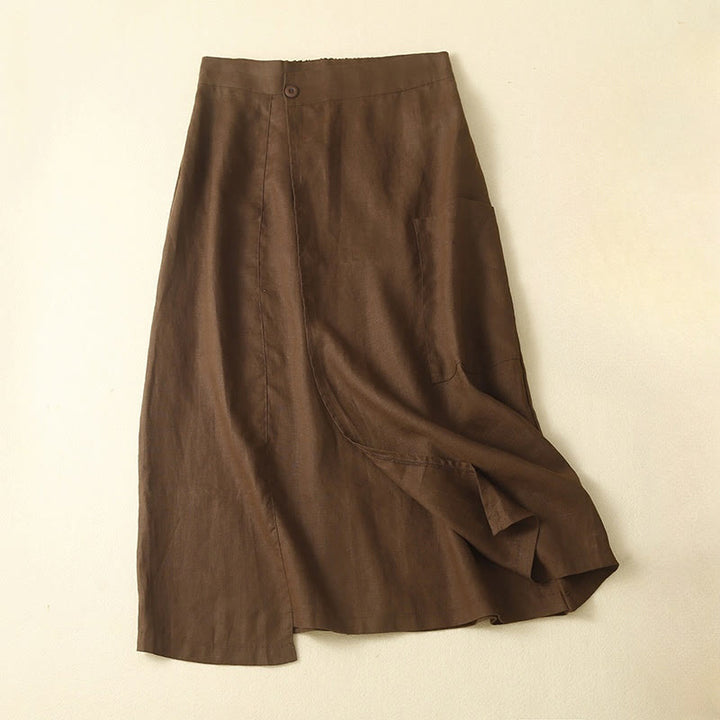 Buddha Stones Vintage Summer Asymmetrical High Waist Women's Cotton Linen Skirt With Pockets - SaddleBrown - US8-10,UK/AU12-14,EU40-42 (2XL) - image 0