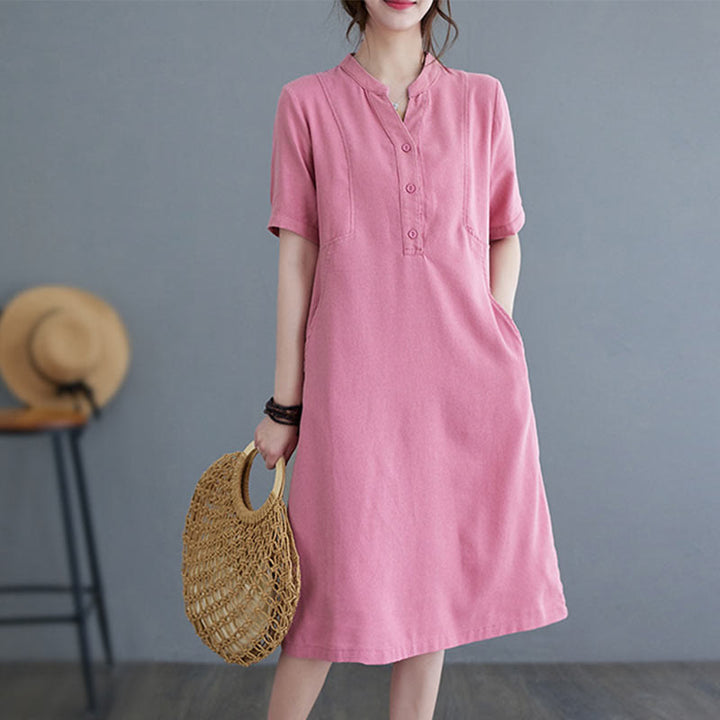 Buddha Stones Casual Daily Pure Color Button Design Short Sleeve Cotton Linen Midi Dress With Pockets - HotPink - US8-10,UK/AU12-14,EU40-42 (2XL) - image 0