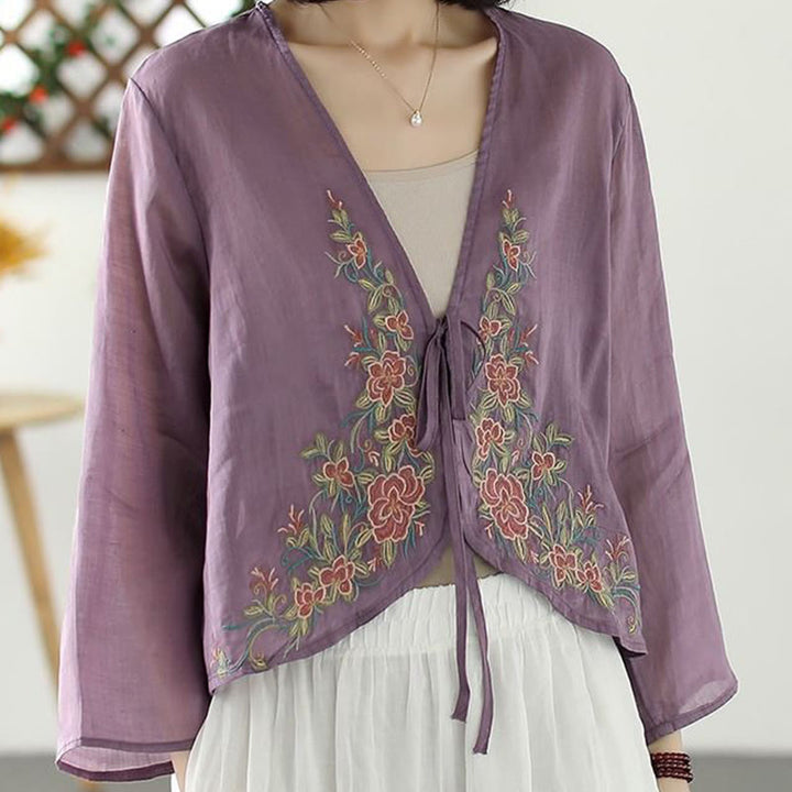 Buddha Stones Casual Embroidery Petals Long Sleeve Open Front Cardigan Jacket - image 1
