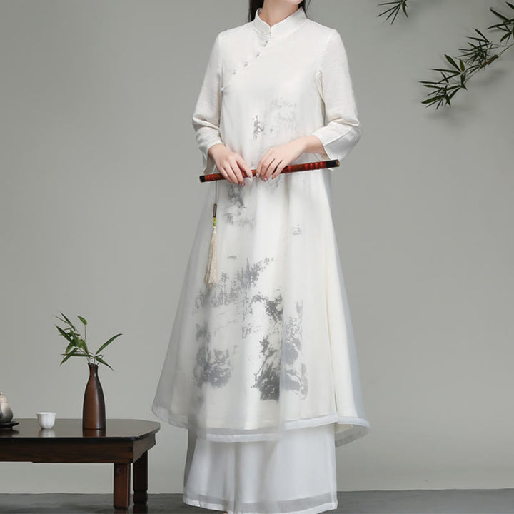 Buddha Stones  Chinese Frog-Button Design Long Sleeve Chiffon Midi Dress - White - US8-10,UK/AU12-14,EU40-42 (2XL) - image 0