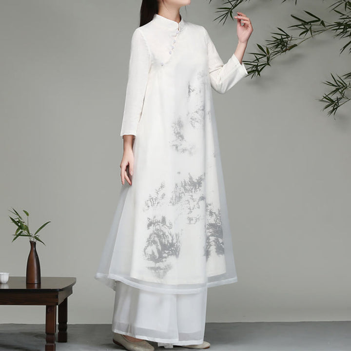 Buddha Stones  Chinese Frog-Button Design Long Sleeve Chiffon Midi Dress - image 5