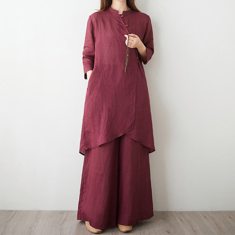 Buddha Stones 2Pcs Three Quarter Sleeve Shirt Top Pants Meditation Zen Tai Chi Cotton Linen Clothing Women's Set - IndianRed - US8-10,UK/AU12-14,EU40-42 (2XL) - image 0