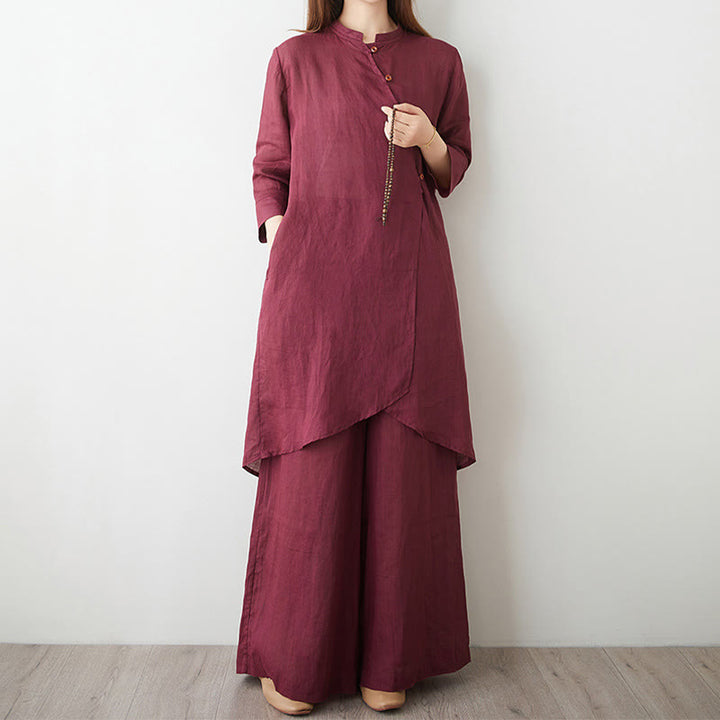 Buddha Stones 2Pcs Three Quarter Sleeve Shirt Top Pants Meditation Zen Tai Chi Cotton Linen Clothing Women's Set - IndianRed - US8-10,UK/AU12-14,EU40-42 (2XL) - image 0