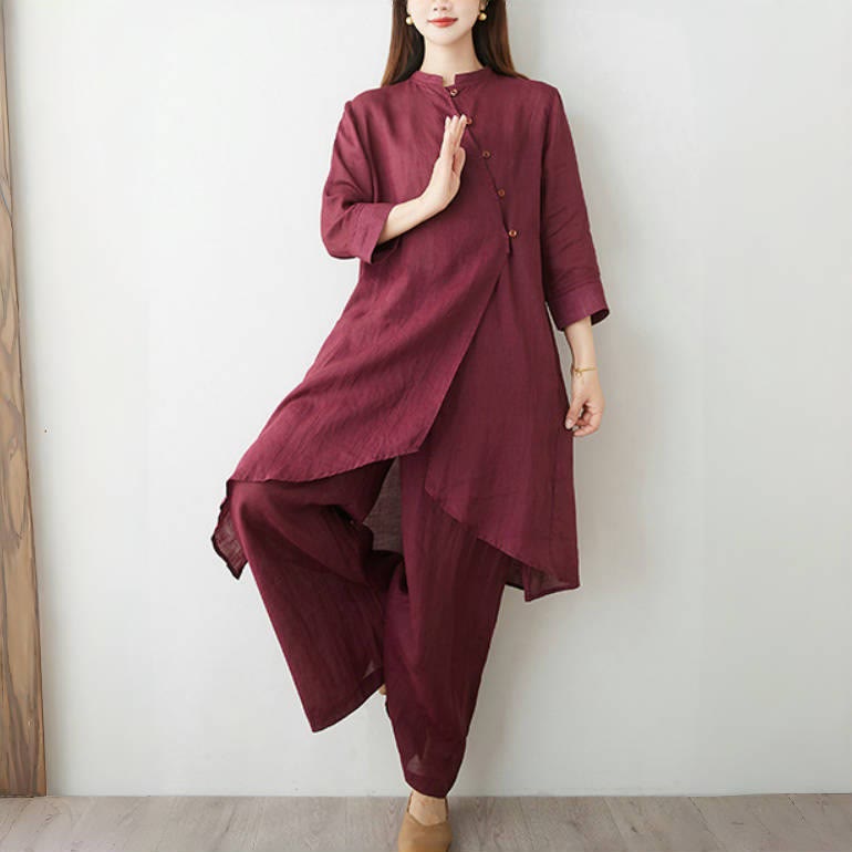 Buddha Stones 2Pcs Three Quarter Sleeve Shirt Top Pants Meditation Zen Tai Chi Cotton Linen Clothing Women's Set - image 1