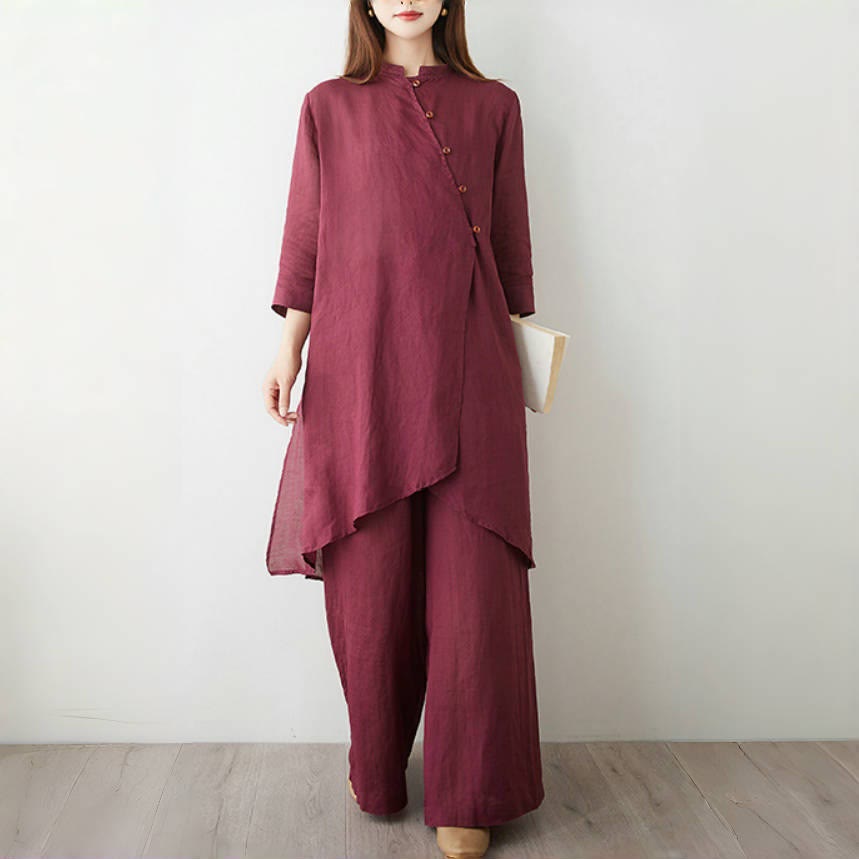 Buddha Stones 2Pcs Three Quarter Sleeve Shirt Top Pants Meditation Zen Tai Chi Cotton Linen Clothing Women's Set - image 3