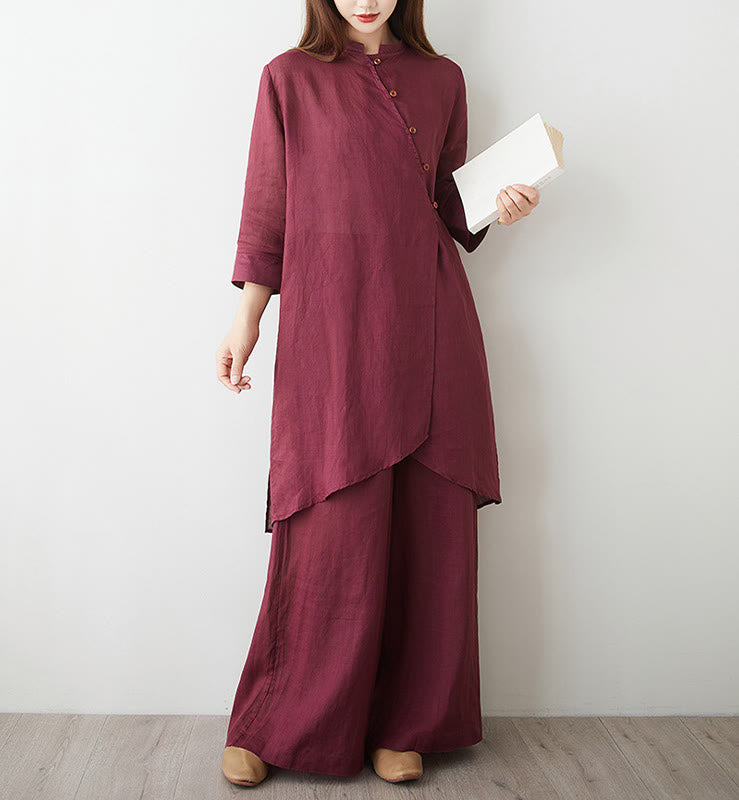 Buddha Stones 2Pcs Three Quarter Sleeve Shirt Top Pants Meditation Zen Tai Chi Cotton Linen Clothing Women's Set - image 4