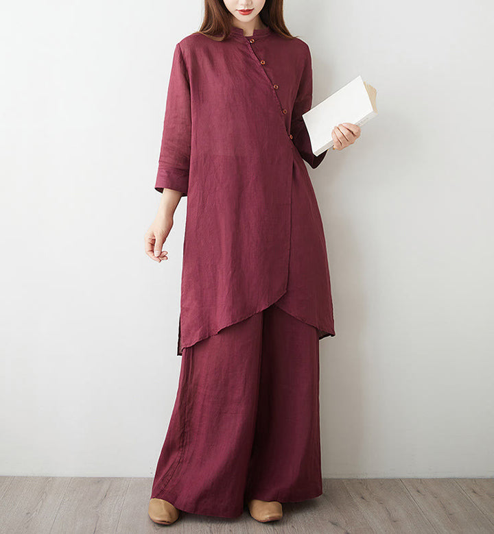 Buddha Stones 2Pcs Three Quarter Sleeve Shirt Top Pants Meditation Zen Tai Chi Cotton Linen Clothing Women's Set - image 4