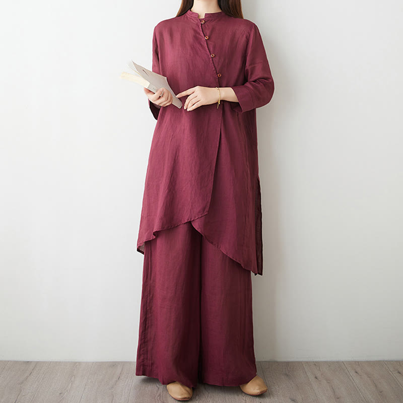 Buddha Stones 2Pcs Three Quarter Sleeve Shirt Top Pants Meditation Zen Tai Chi Cotton Linen Clothing Women's Set - image 8