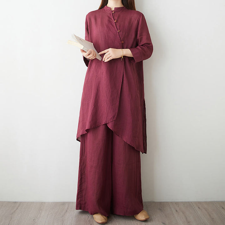 Buddha Stones 2Pcs Three Quarter Sleeve Shirt Top Pants Meditation Zen Tai Chi Cotton Linen Clothing Women's Set - image 8