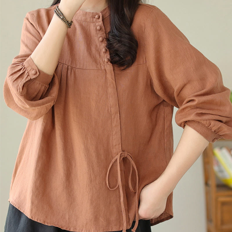 Buddha Stones Fall Casual Solid Color Stand Collar Long Sleeve Cotton Linen Women's Shirt - Chocolate - US8-10,UK/AU12-14,EU40-42 (2XL) - image 0
