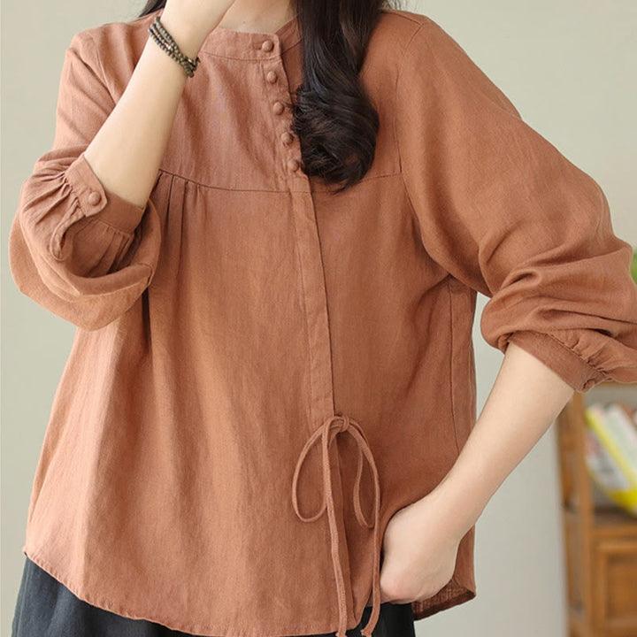 Buddha Stones Fall Casual Solid Color Stand Collar Long Sleeve Cotton Linen Women's Shirt - Chocolate - US8-10,UK/AU12-14,EU40-42 (2XL) - image 0