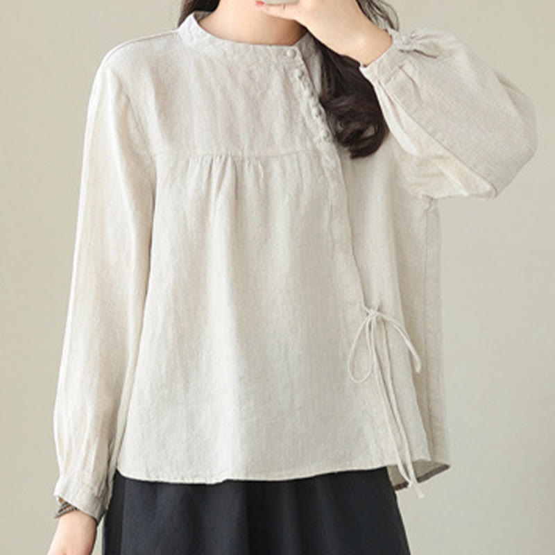 Buddha Stones Fall Casual Solid Color Stand Collar Long Sleeve Cotton Linen Women's Shirt - Linen - US8-10,UK/AU12-14,EU40-42 (2XL) - image 14