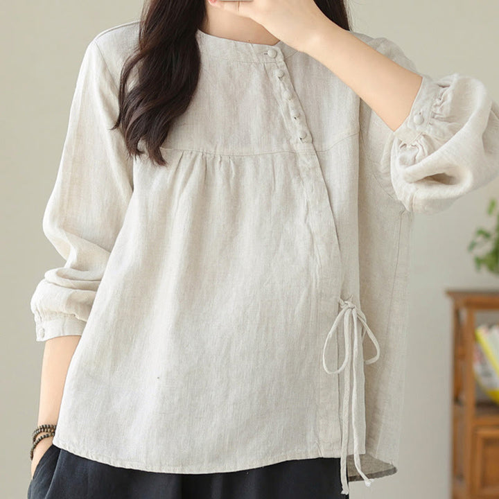 Buddha Stones Fall Casual Solid Color Stand Collar Long Sleeve Cotton Linen Women's Shirt - image 18