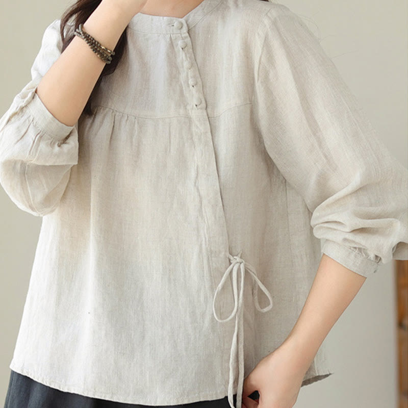 Buddha Stones Fall Casual Solid Color Stand Collar Long Sleeve Cotton Linen Women's Shirt - image 15