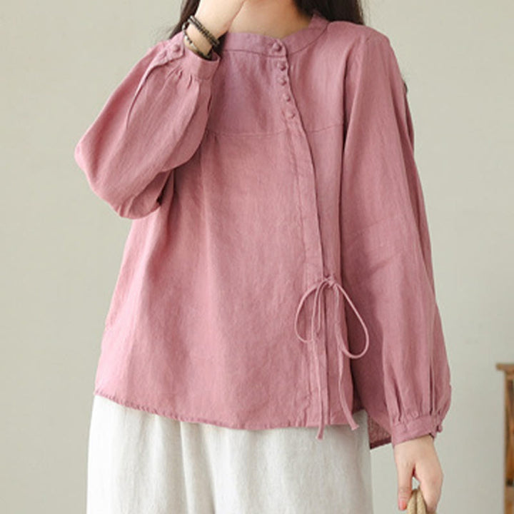 Buddha Stones Fall Casual Solid Color Stand Collar Long Sleeve Cotton Linen Women's Shirt - image 25