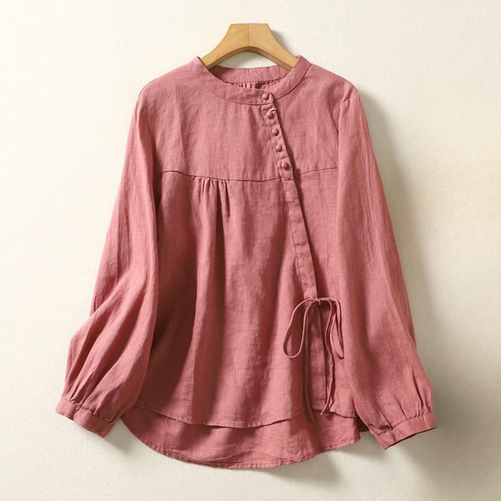 Buddha Stones Fall Casual Solid Color Stand Collar Long Sleeve Cotton Linen Women's Shirt - image 22