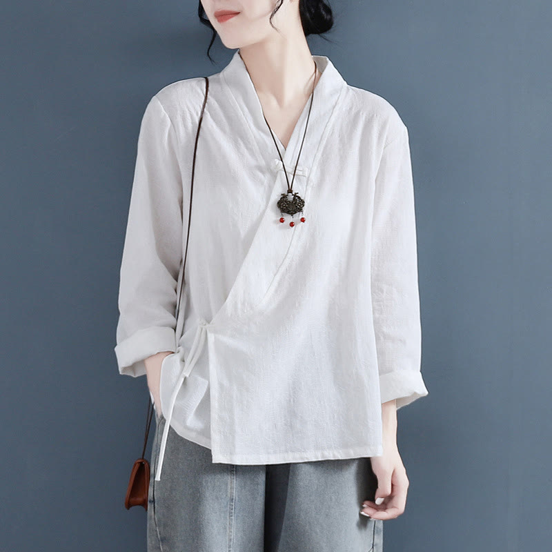 Buddha Stones Casual Solid Color Frog Button Long Sleeve Zen Cotton Linen Women's Shirt - White - US8-10,UK/AU12-14,EU40-42 (2XL) - image 0