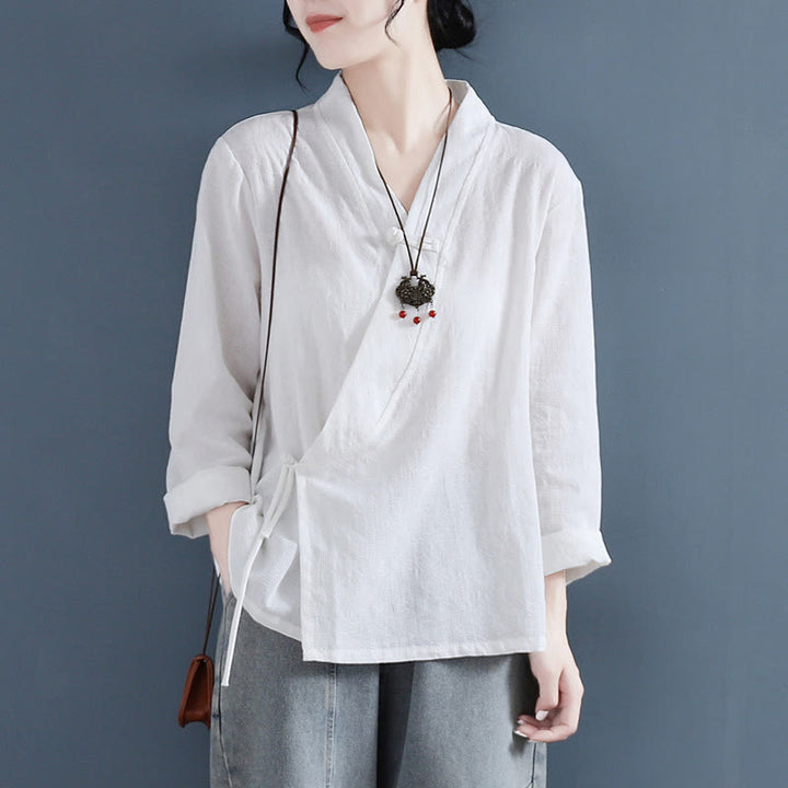 Buddha Stones Casual Solid Color Frog Button Long Sleeve Zen Cotton Linen Women's Shirt - White - US8-10,UK/AU12-14,EU40-42 (2XL) - image 0