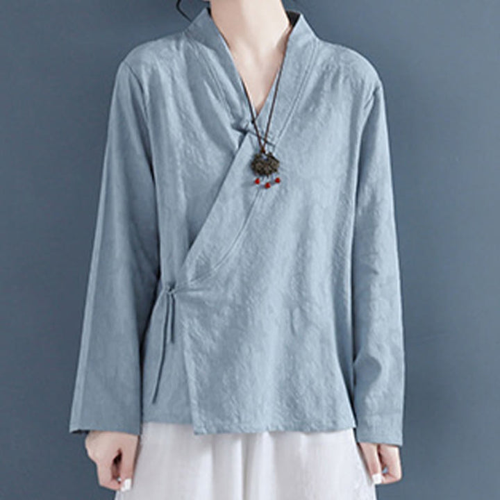 Buddha Stones Casual Solid Color Frog Button Long Sleeve Zen Cotton Linen Women's Shirt - LightSkyBlue - US8-10,UK/AU12-14,EU40-42 (2XL) - image 19