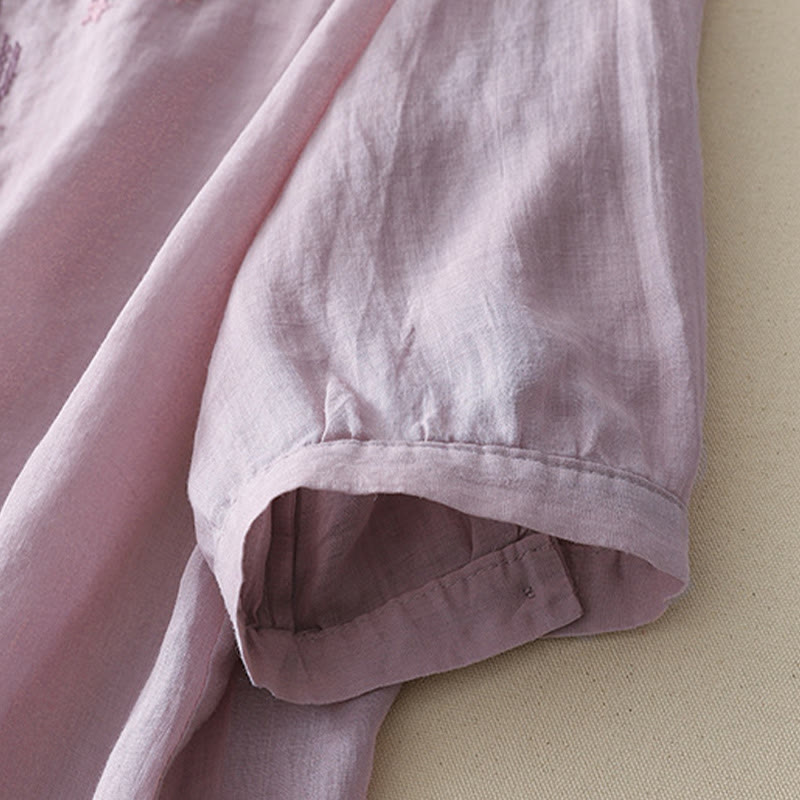 Buddha Stones Casual Shooting Star Embroidery V-Neck Half Sleeve Cotton Linen Women's Shirt - image 3