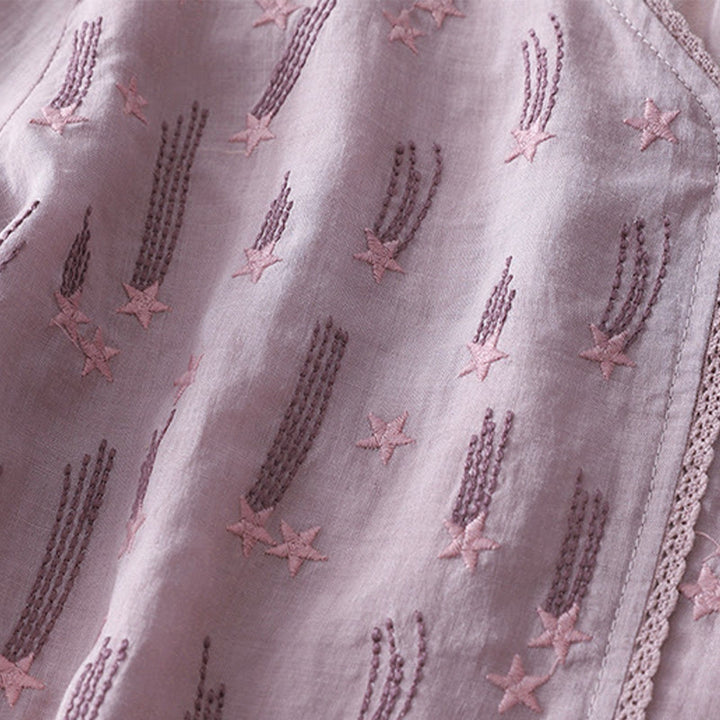 Buddha Stones Casual Shooting Star Embroidery V-Neck Half Sleeve Cotton Linen Women's Shirt - image 5