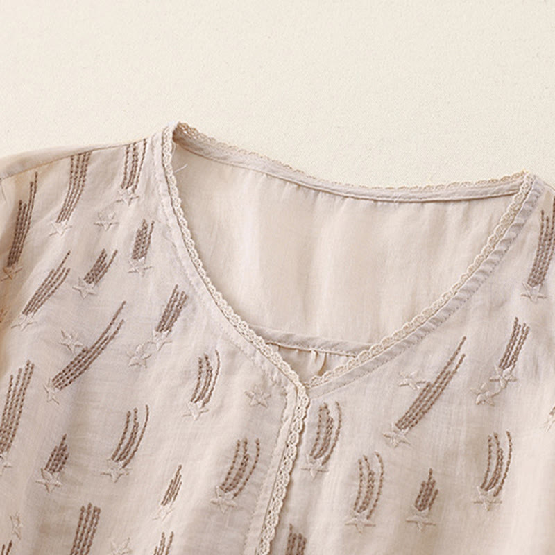 Buddha Stones Casual Shooting Star Embroidery V-Neck Half Sleeve Cotton Linen Women's Shirt - image 18
