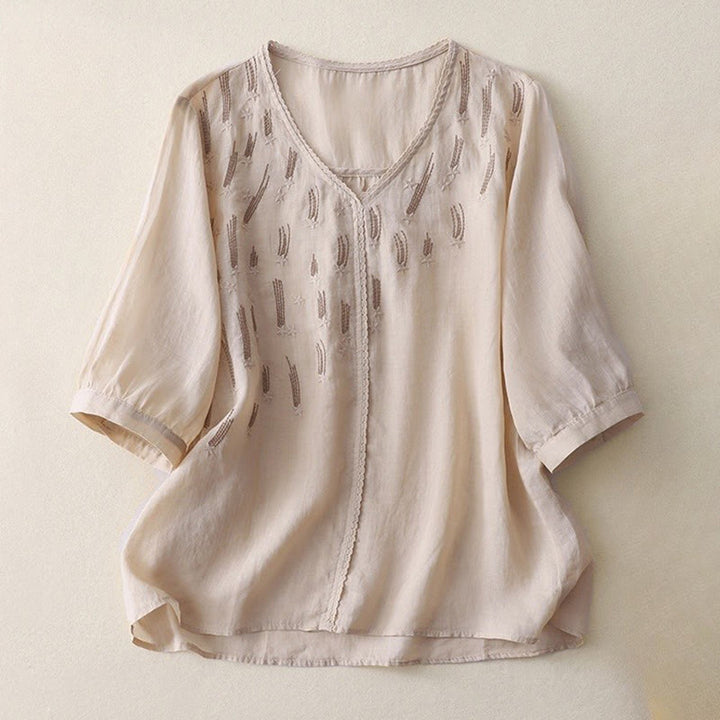 Buddha Stones Casual Shooting Star Embroidery V-Neck Half Sleeve Cotton Linen Women's Shirt - Beige - US8-10,UK/AU12-14,EU40-42 (2XL) - image 14