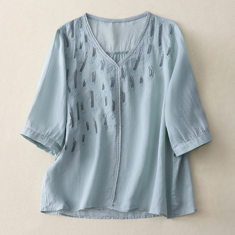 Buddha Stones Casual Shooting Star Embroidery V-Neck Half Sleeve Cotton Linen Women's Shirt - LightSkyBlue - US8-10,UK/AU12-14,EU40-42 (2XL) - image 19