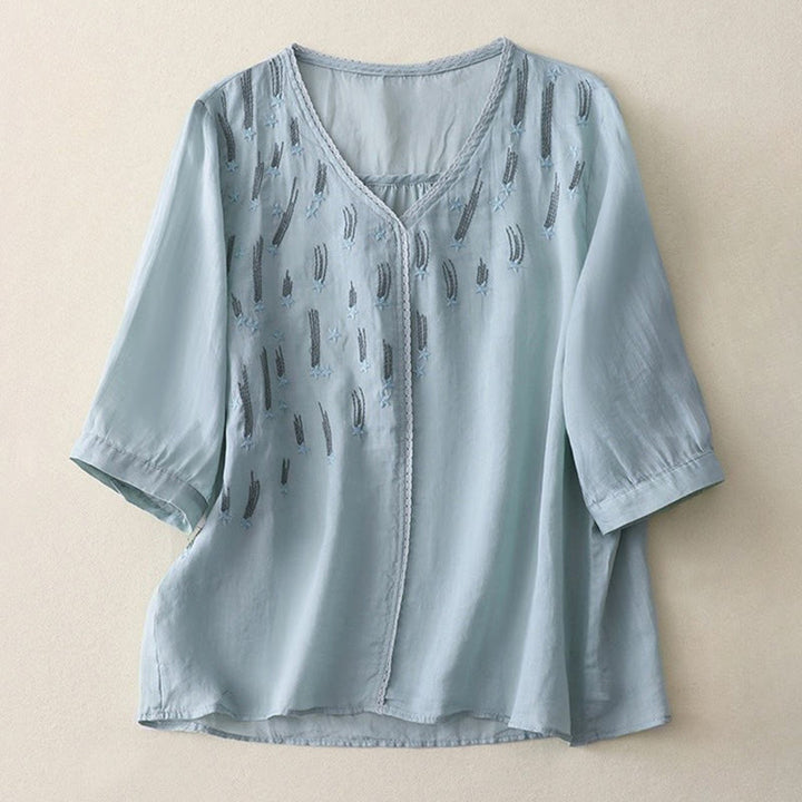 Buddha Stones Casual Shooting Star Embroidery V-Neck Half Sleeve Cotton Linen Women's Shirt - LightSkyBlue - US8-10,UK/AU12-14,EU40-42 (2XL) - image 19