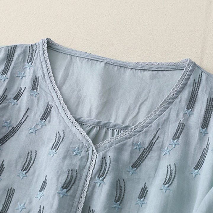 Buddha Stones Casual Shooting Star Embroidery V-Neck Half Sleeve Cotton Linen Women's Shirt - image 20