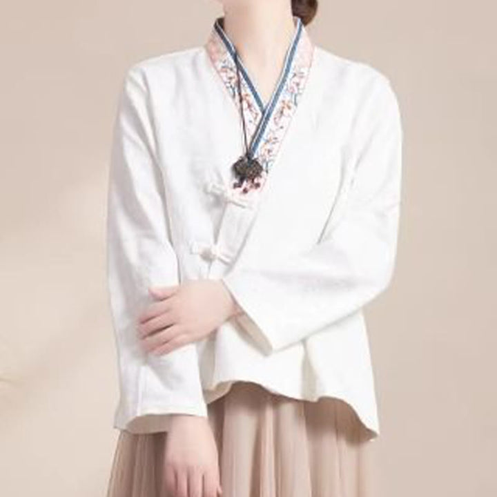 Buddha Stones Embroidered Flowers Grass Frog-Button Long Sleeve Cotton Women's Shirt - White - US12,UK/AU16,EU44 (3XL) - image 13